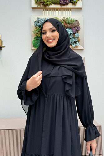 Kol Lastikli Kat Görünümlü Abayalı Elbise Takım 3859 Siyah - 4