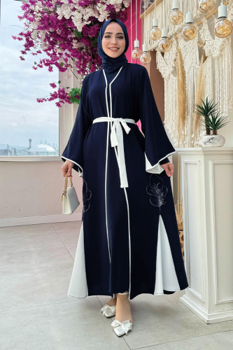 Nakış İşleme Detaylı Bel Kuşaklı Abaya 7901 Lacivert - 1