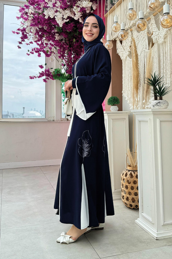 Nakış İşleme Detaylı Bel Kuşaklı Abaya 7901 Lacivert - 2