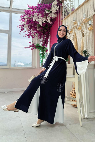 Nakış İşleme Detaylı Bel Kuşaklı Abaya 7901 Lacivert - 3