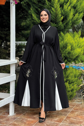 Nakış İşleme Detaylı Bel Kuşaklı Abaya 7901 Siyah - 2