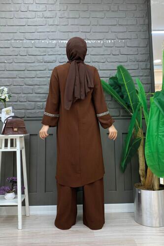 Taş İşleme Detaylı Pantolonlu Tunik Takım 8464 Kahverengi - 3