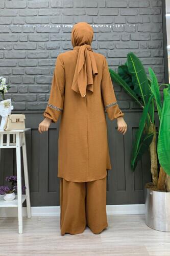 Taş İşleme Detaylı Pantolonlu Tunik Takım 8464 Taba - 3