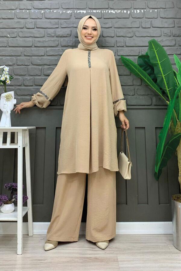 Taş İşleme Detaylı Pantolonlu Tunik Takım 8464 Taş - 2