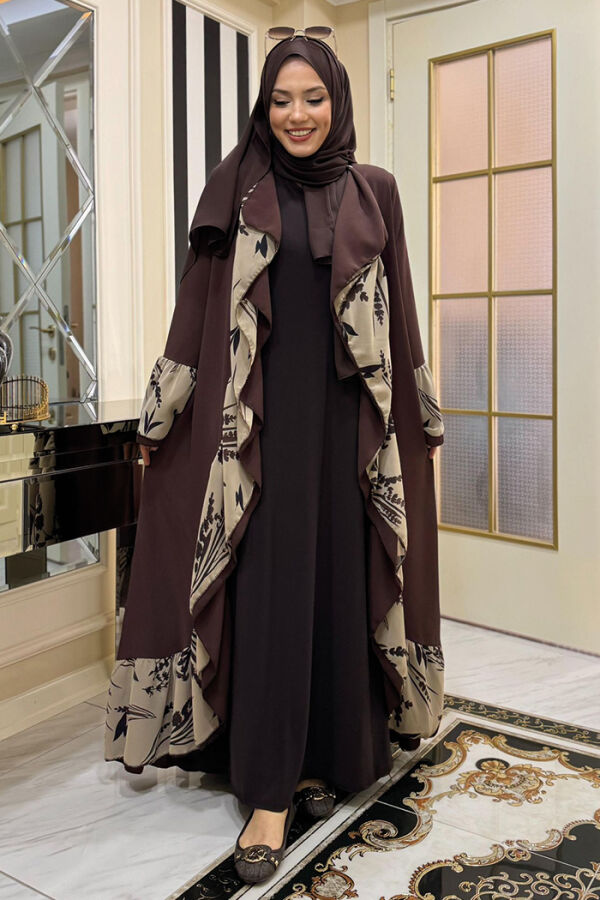 Çiçek Desenli Fırfırlı Abaya 7908 Kahverengi - 2