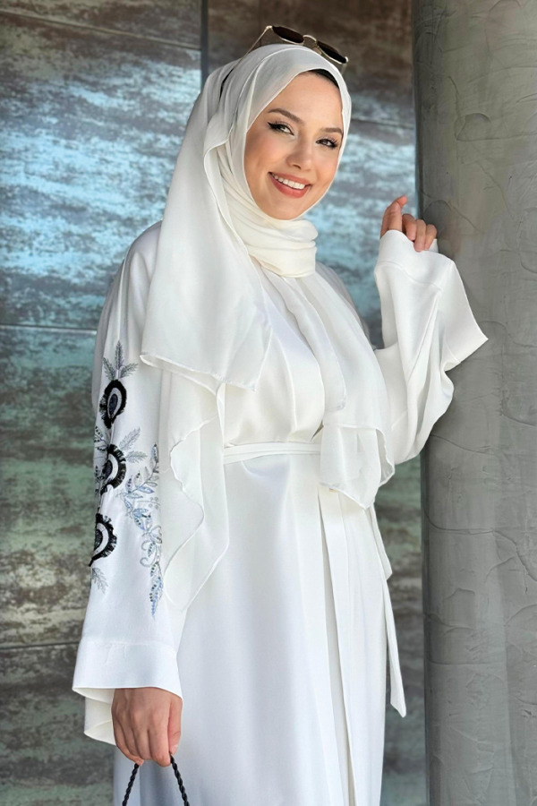 Nakış İşleme Detaylı Bel Kuşaklı Abaya 7898 Ekru - 8