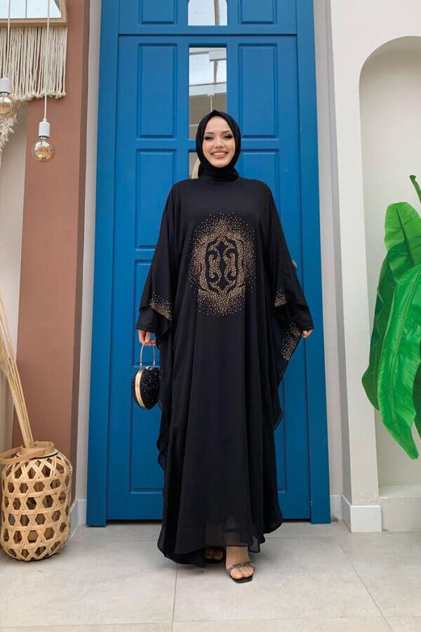 Taş Baskılı Yarasakol Abaya Takım 8191 Siyah - 1