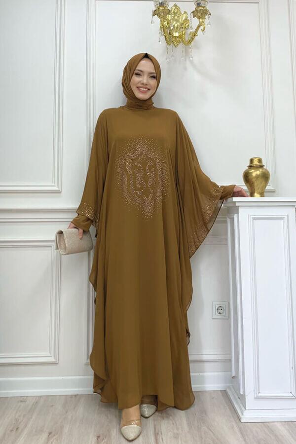 Taş Baskılı Yarasakol Abaya Takım 8191 Taba - 2