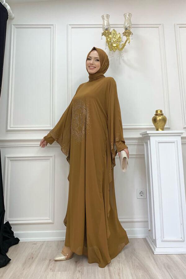 Taş Baskılı Yarasakol Abaya Takım 8191 Taba - 3