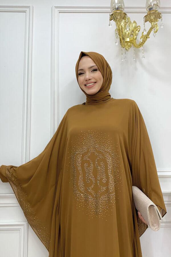 Taş Baskılı Yarasakol Abaya Takım 8191 Taba - 4