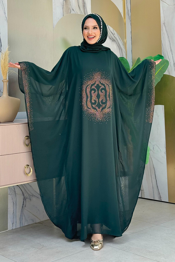 Taş Baskılı Yarasakol Abaya Takım 8191 Zümrüt - 4