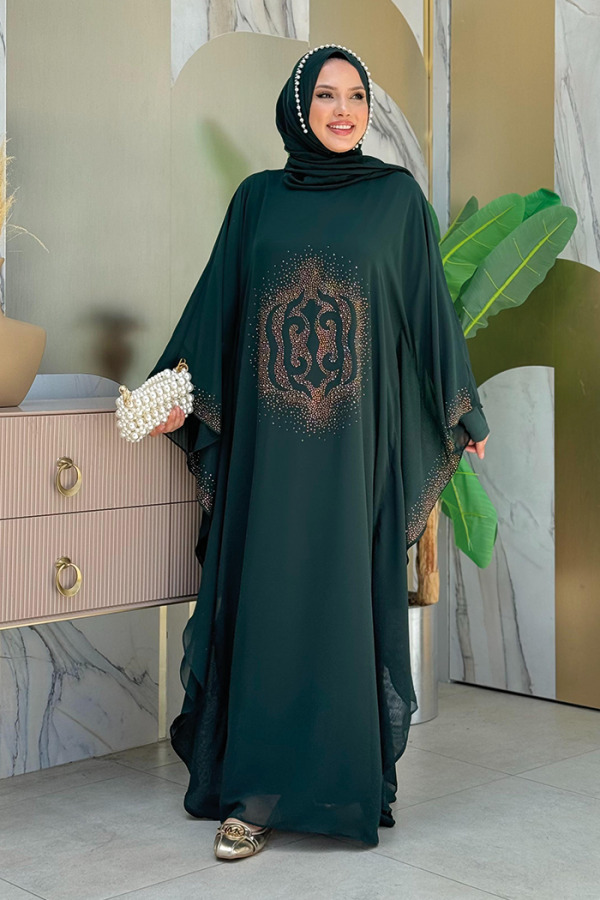 Taş Baskılı Yarasakol Abaya Takım 8191 Zümrüt - 6