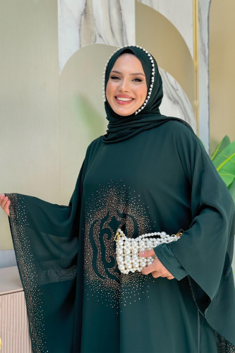 Taş Baskılı Yarasakol Abaya Takım 8191 Zümrüt - 7