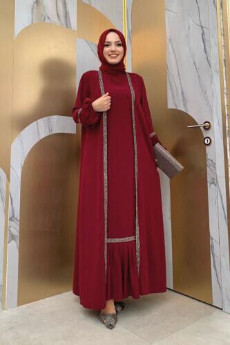 Taş Detaylı Abaya Sıfır Kol Elbise Takım 3657 Bordo - 1