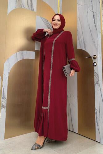 Taş Detaylı Abaya Sıfır Kol Elbise Takım 3657 Bordo - 3