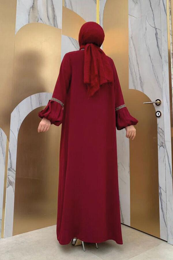 Taş Detaylı Abaya Sıfır Kol Elbise Takım 3657 Bordo - 4