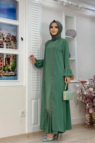 Taş Detaylı Abaya Sıfır Kol Elbise Takım 3657 Mint - 1