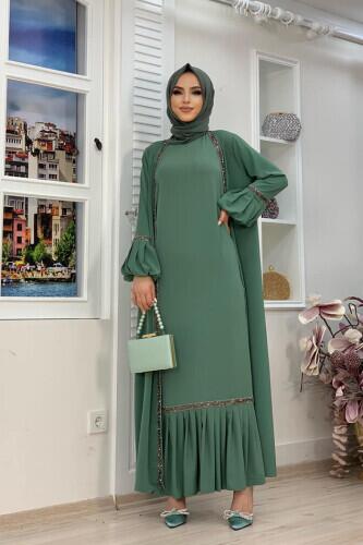 Taş Detaylı Abaya Sıfır Kol Elbise Takım 3657 Mint - 2