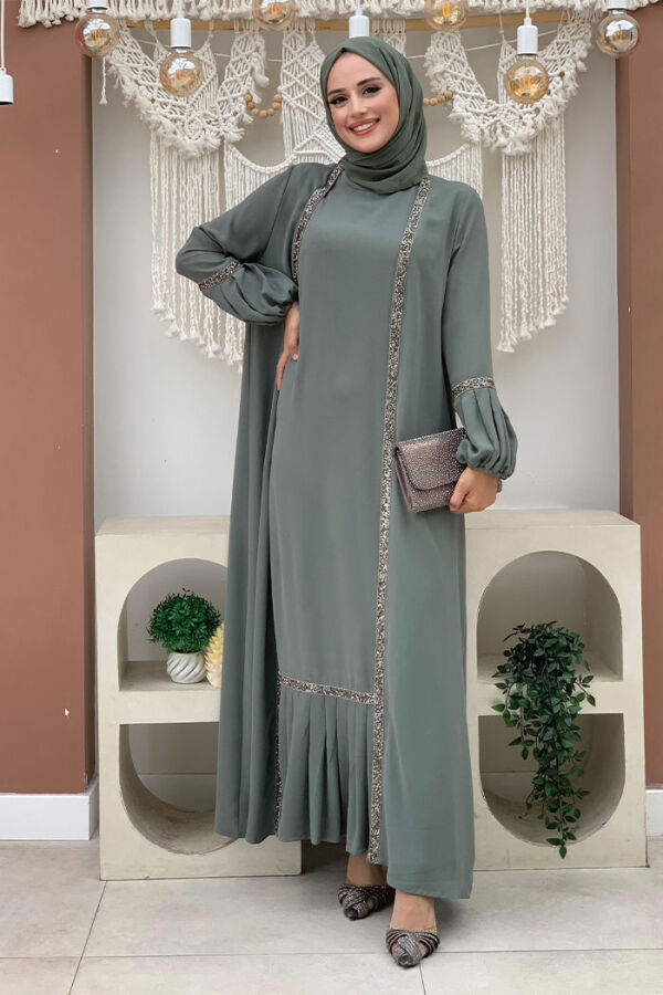 Taş Detaylı Abaya Sıfır Kol Elbise Takım 3657 Mint - 3