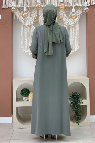 Taş Detaylı Abaya Sıfır Kol Elbise Takım 3657 Mint - 4