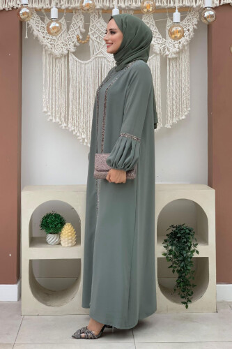 Taş Detaylı Abaya Sıfır Kol Elbise Takım 3657 Mint - 5