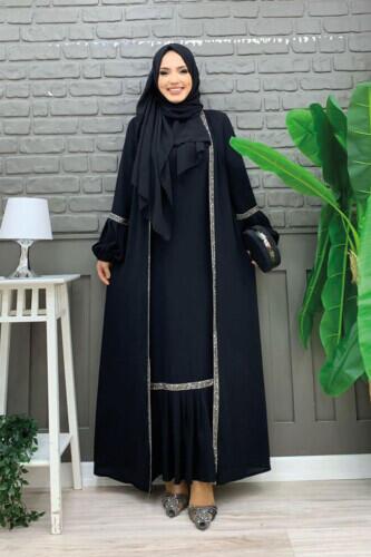 Taş Detaylı Abaya Sıfır Kol Elbise Takım 3657 Siyah - 1