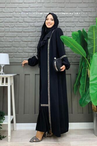 Taş Detaylı Abaya Sıfır Kol Elbise Takım 3657 Siyah - 2