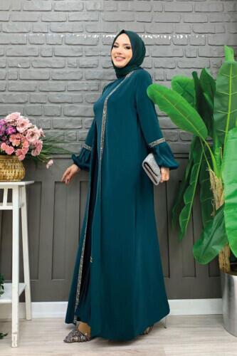 Taş Detaylı Abaya Sıfır Kol Elbise Takım 3657 Zümrüt - 3