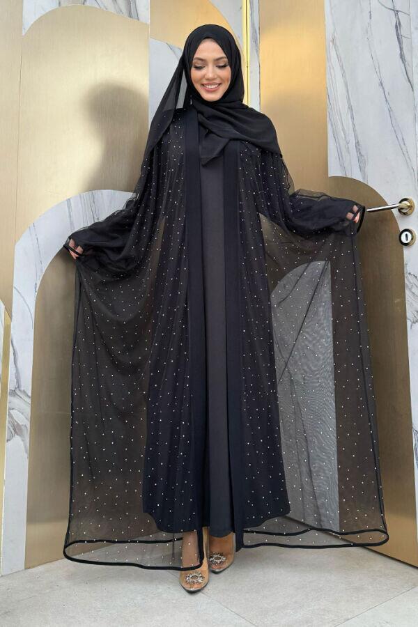 Taş Detaylı Yarasakol Tül Abaya 7881 Siyah - 2