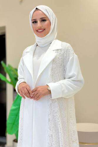 Yakalı Dantel Güpür Detay Abaya 7830 Ekru - 4