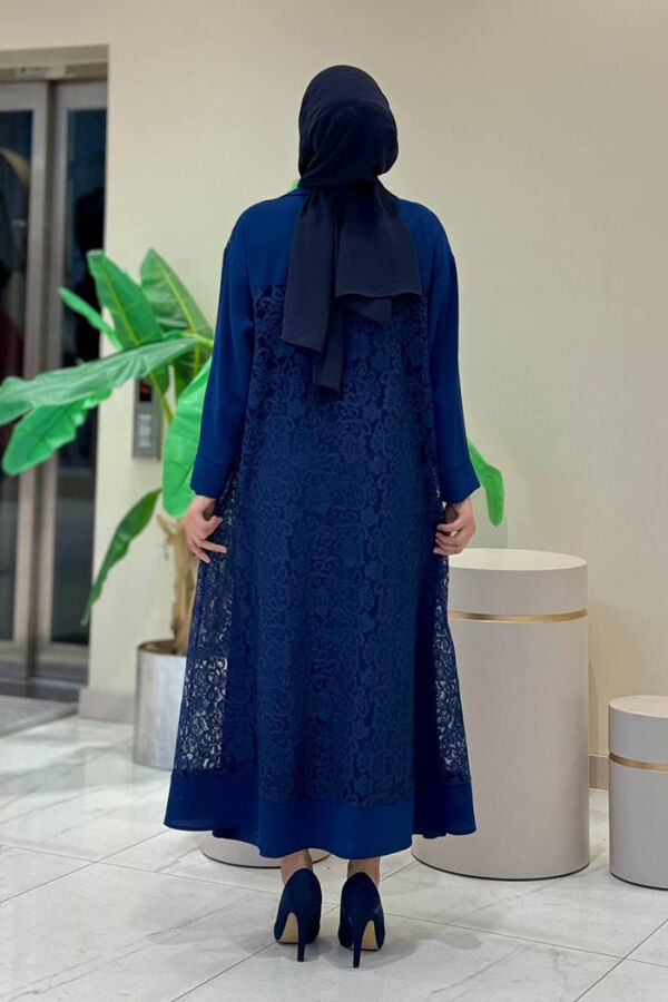 Yakalı Dantel Güpür Detay Abaya 7830 Lacivert - 2