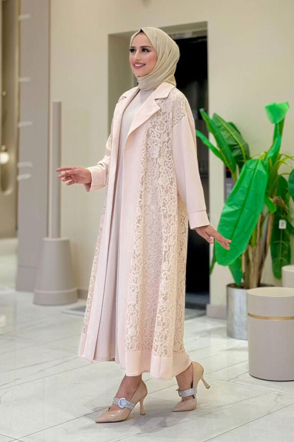 Yakalı Dantel Güpür Detay Abaya 7830 Taş - 3